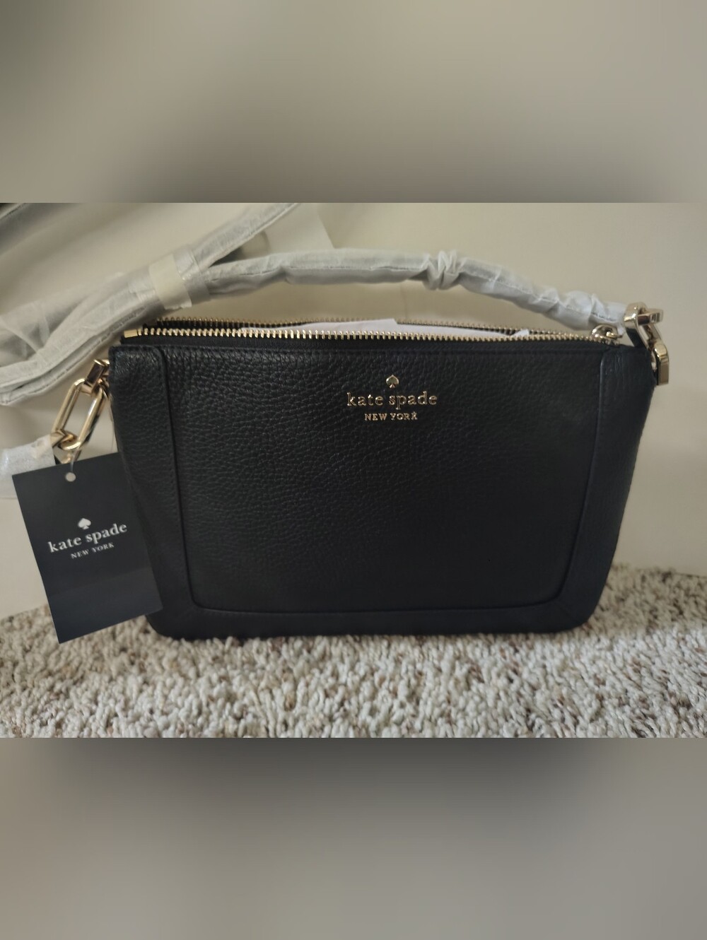 kate spade Lena Black Pebbled Leather Crossbody with Gold Accents